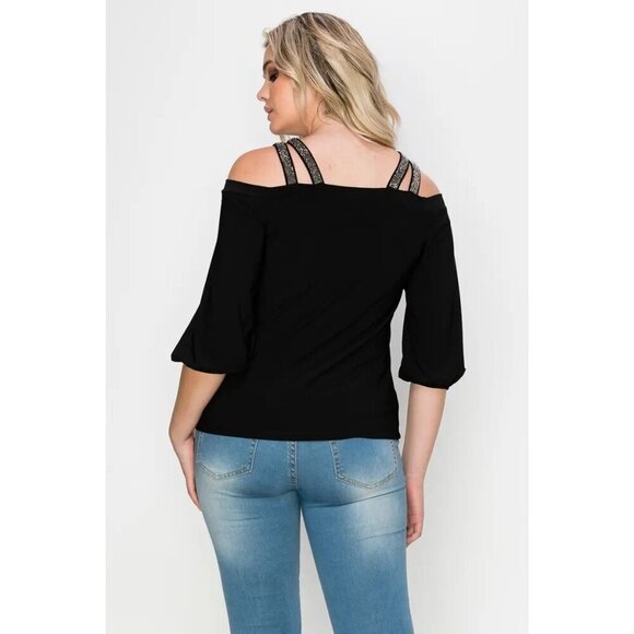 Embellishment Double Straps Keyhole Cold Shoulder Blouse - Picture 5 of 9